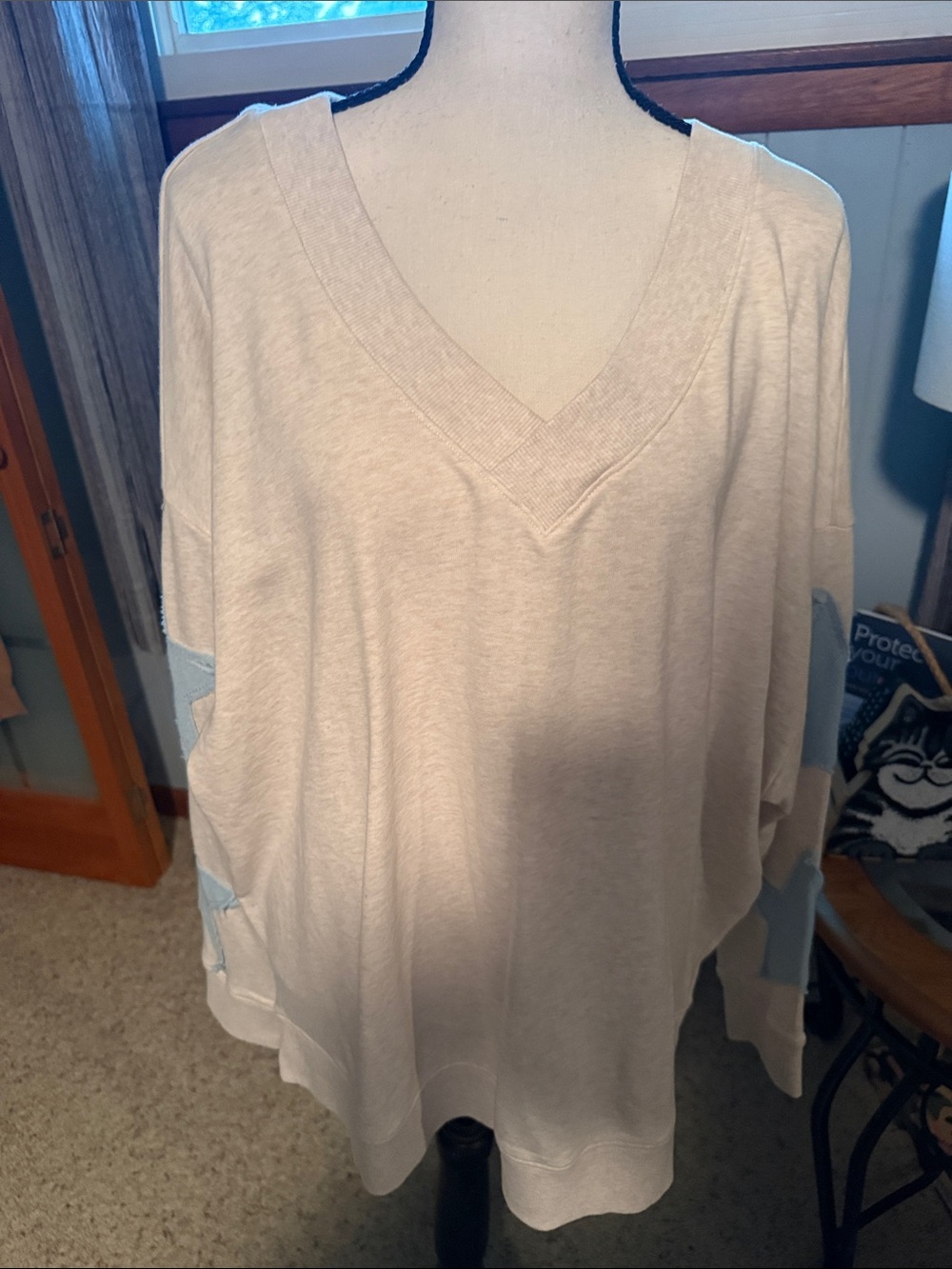 torrid Cream V-Neck Sweater with Light Blue Elbow Accents